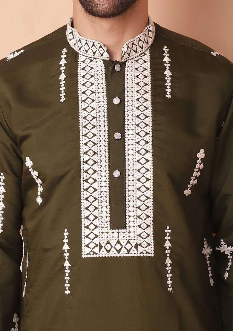 Olive Embroidered Poly Blend Kurta Set For Men - Indya