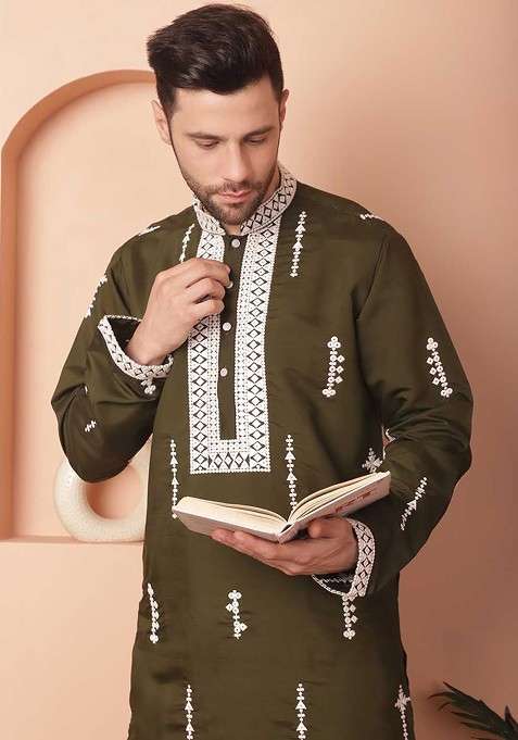 Olive Embroidered Poly Blend Kurta Set For Men