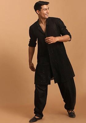 Black Sequin Work Georgette Kurta Set For Men