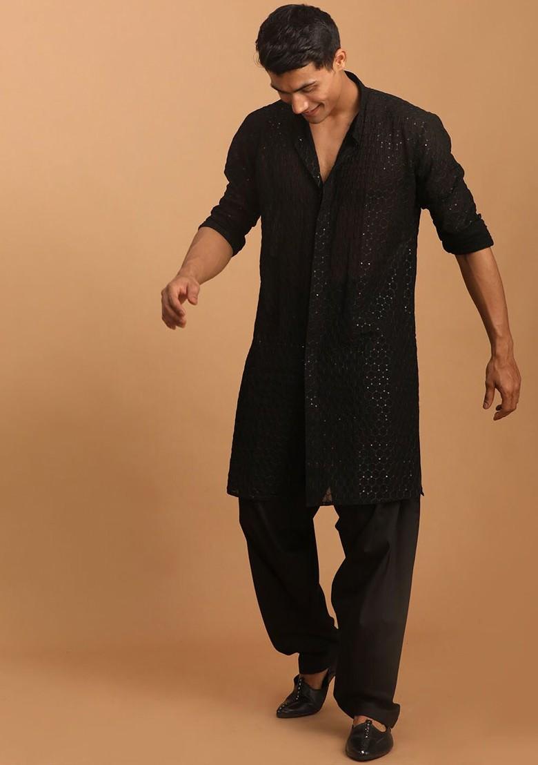 Black Sequin Work Georgette Kurta Set For Men