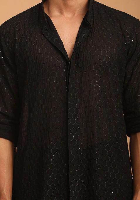 Black Sequin Work Georgette Kurta Set For Men