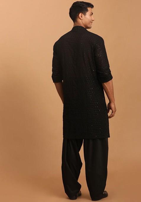 Black Sequin Work Georgette Kurta Set For Men