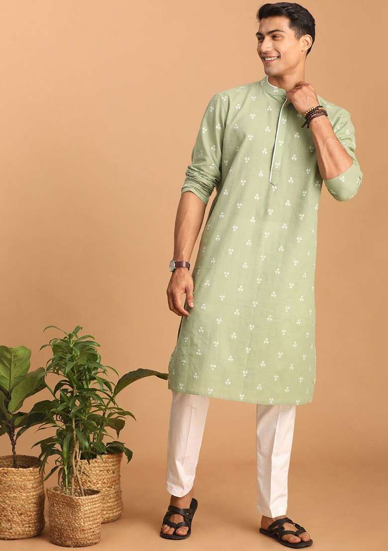 Green Geometric Print Cotton Kurta Set For Men - Indya