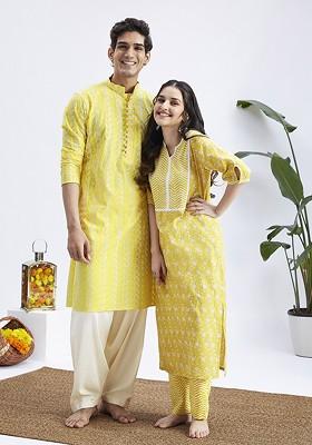 Yellow Ethnic Motifs Cotton Kurta Set For Men
