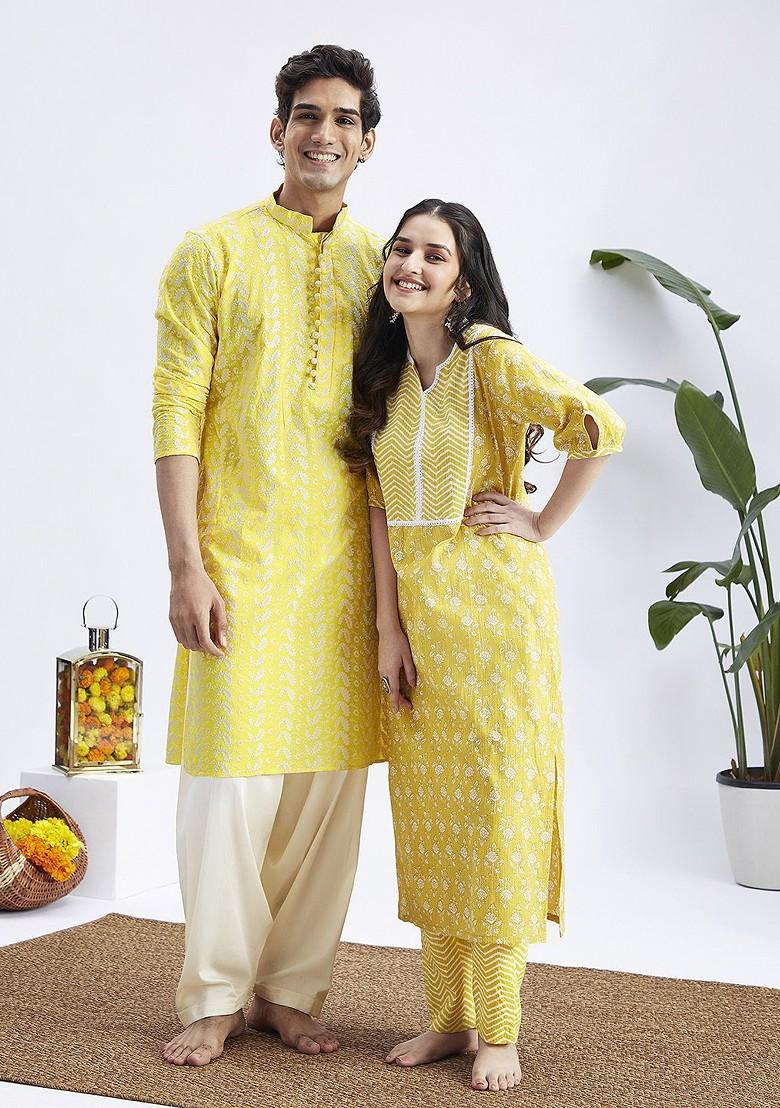 Yellow Ethnic Motifs Cotton Kurta Set For Men