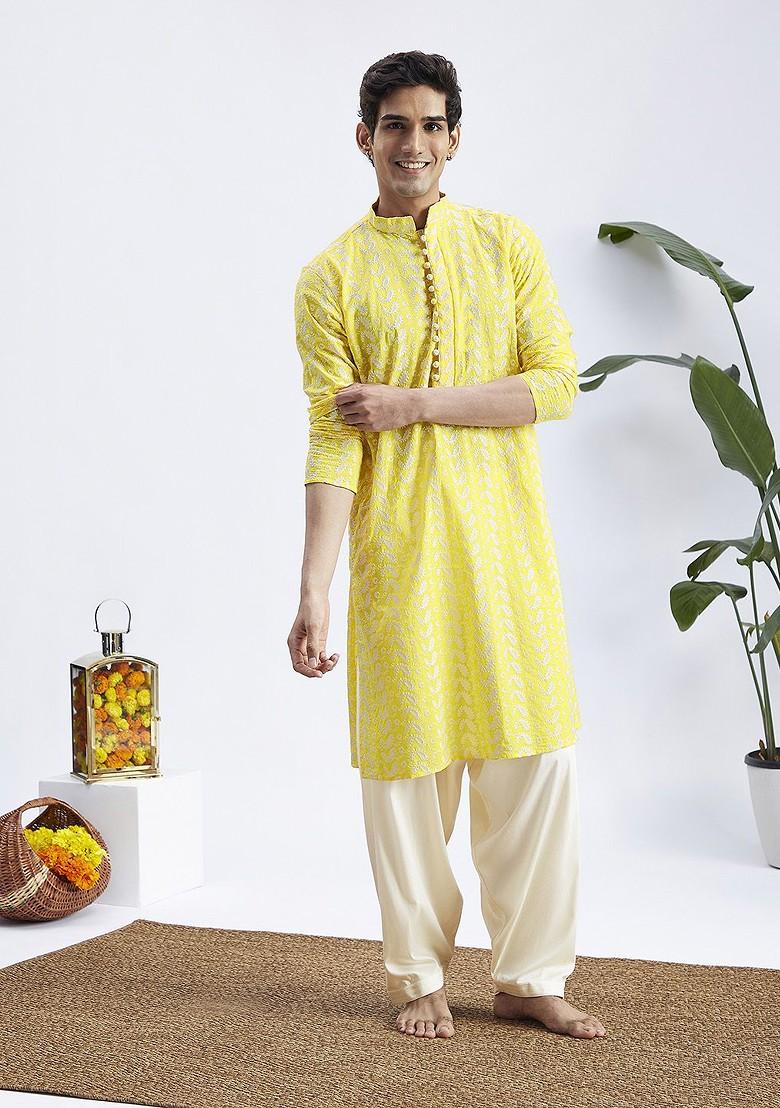 Yellow Ethnic Motifs Cotton Kurta Set For Men