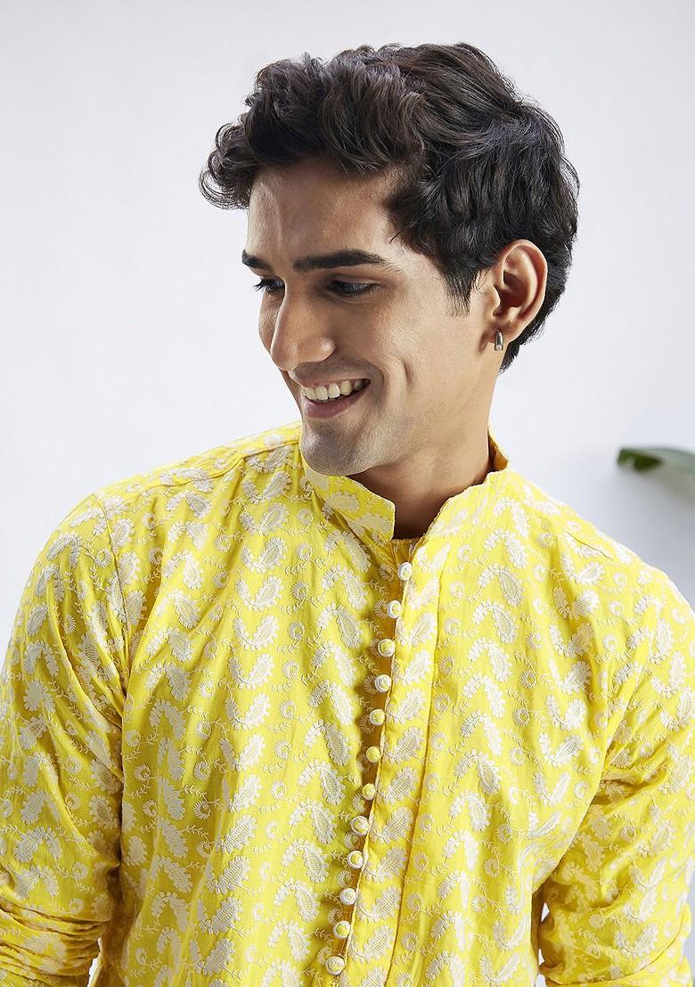 Yellow Ethnic Motifs Cotton Kurta Set For Men