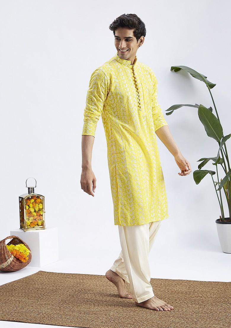 Yellow Ethnic Motifs Cotton Kurta Set For Men