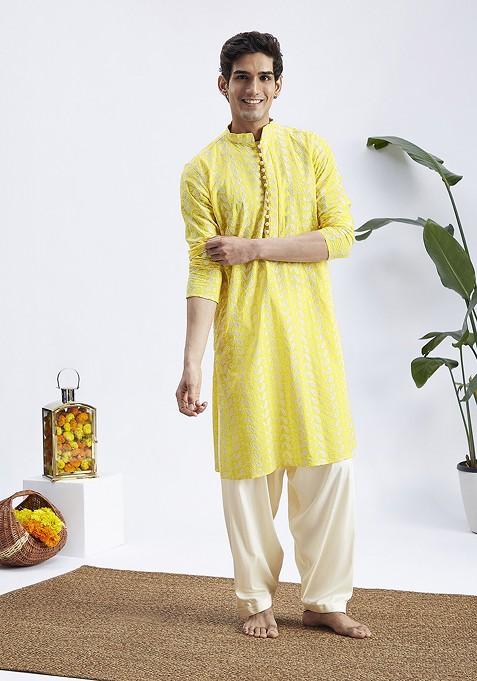 Yellow Ethnic Motifs Cotton Kurta Set For Men