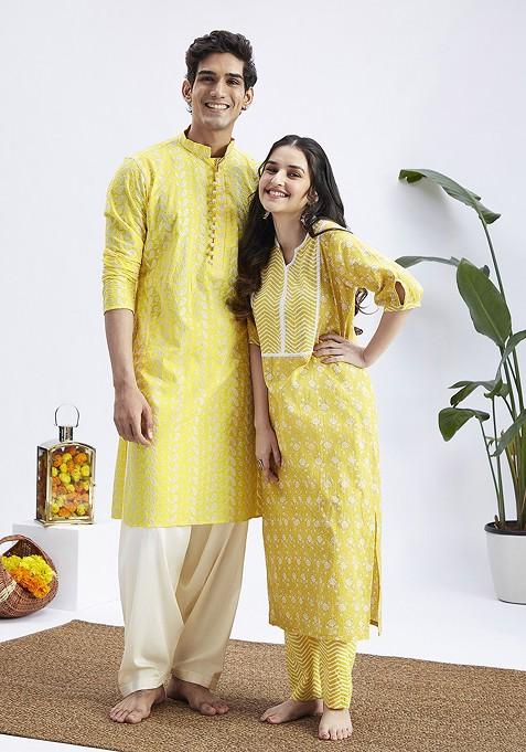 Yellow Ethnic Motifs Cotton Kurta Set For Men