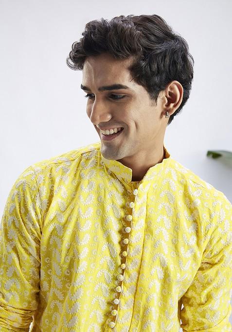 Yellow Ethnic Motifs Cotton Kurta Set For Men