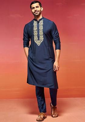 Navy Blue Floral Print Poly Blend Kurta Set For Men