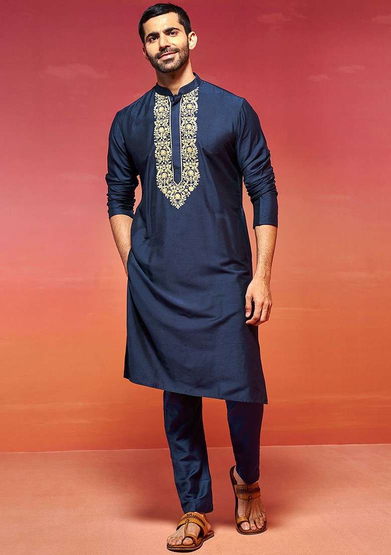 Navy Blue Floral Print Poly Blend Kurta Set For Men - Indya