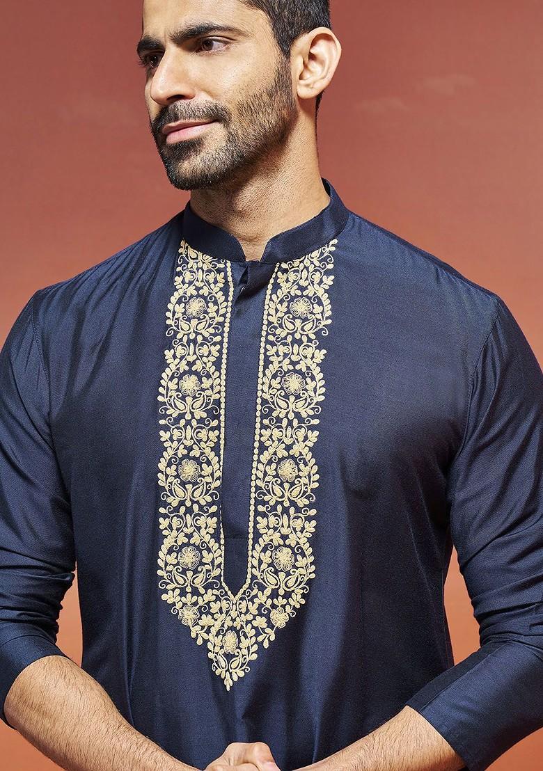 Navy Blue Floral Print Poly Blend Kurta Set For Men