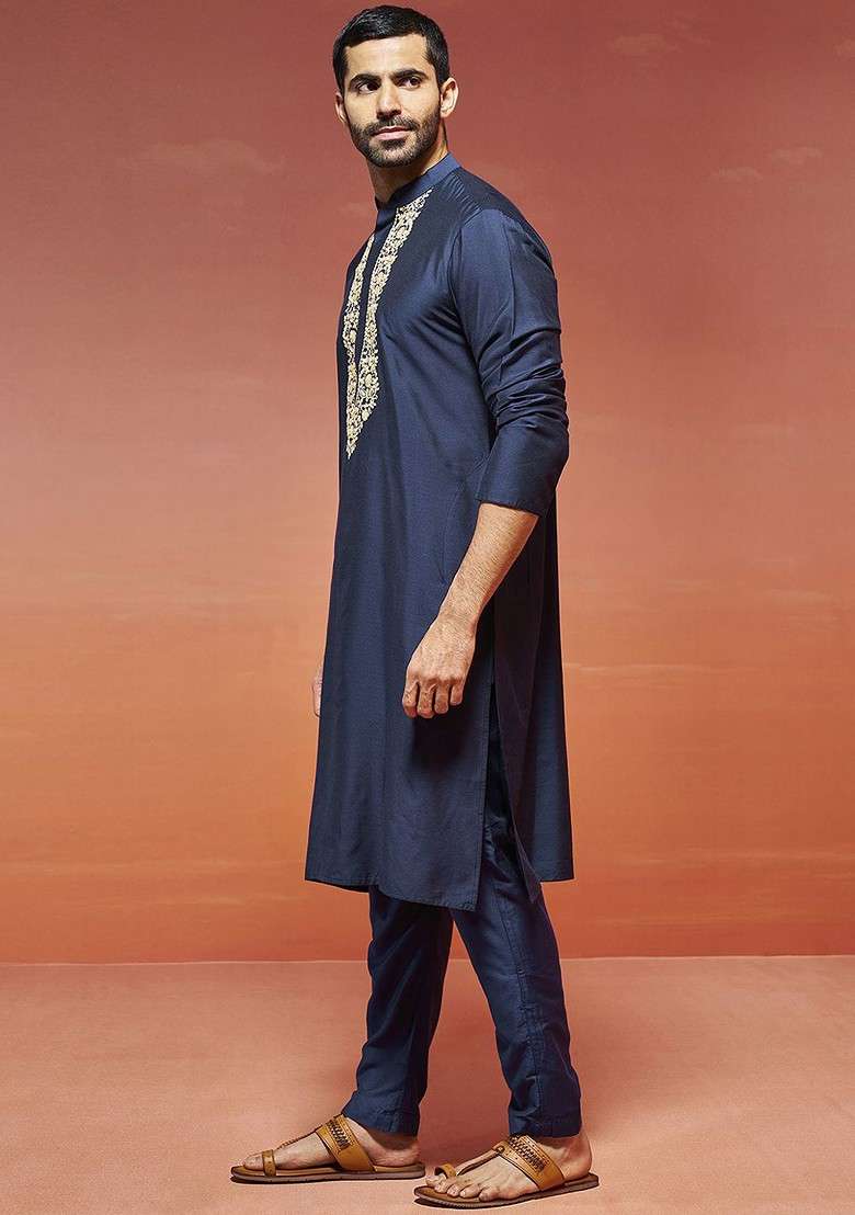Navy Blue Floral Print Poly Blend Kurta Set For Men - Indya