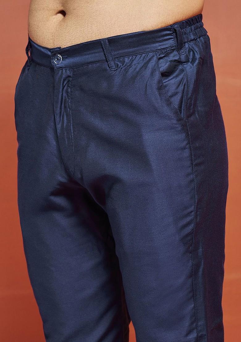 Navy Blue Floral Print Poly Blend Kurta Set For Men