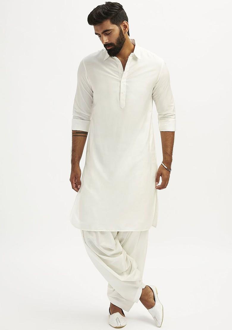 White Solid Poly Blend Kurta Set For Men