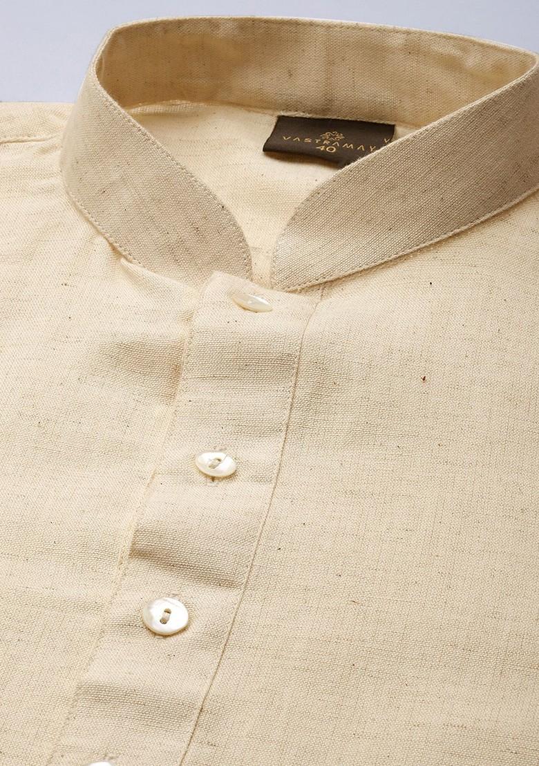 Cream Solid Cotton Kurta Set For Men