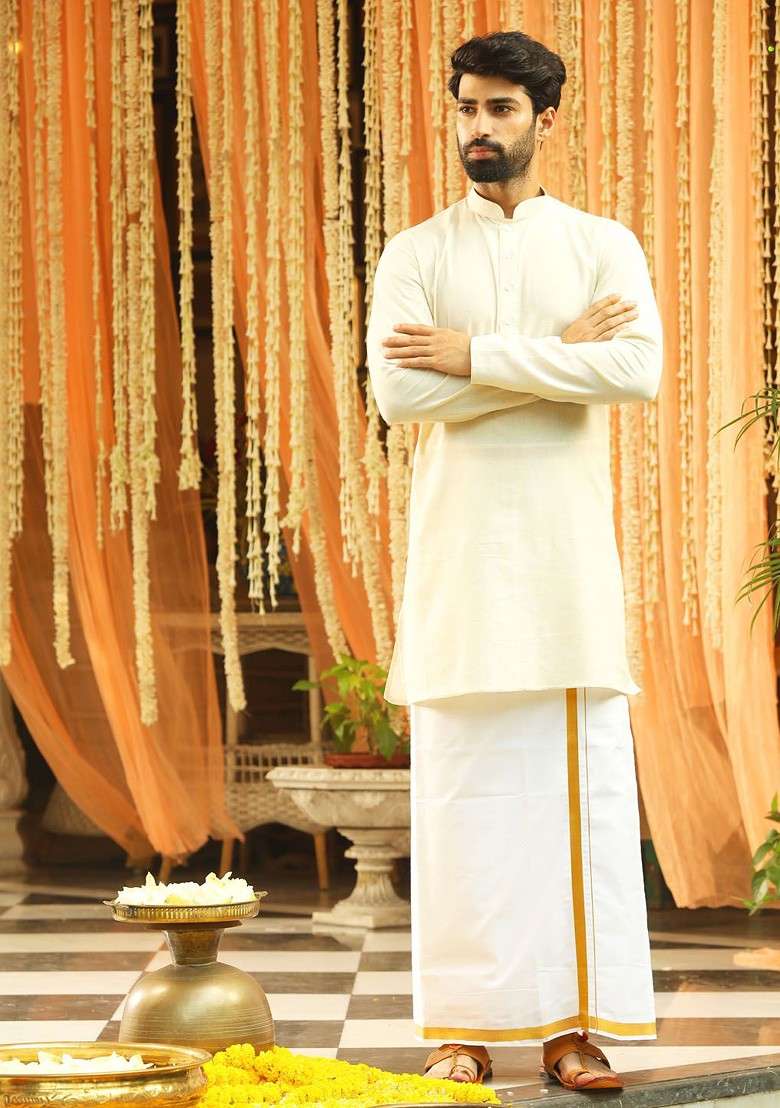 Cream Solid Cotton Kurta Set For Men - Indya