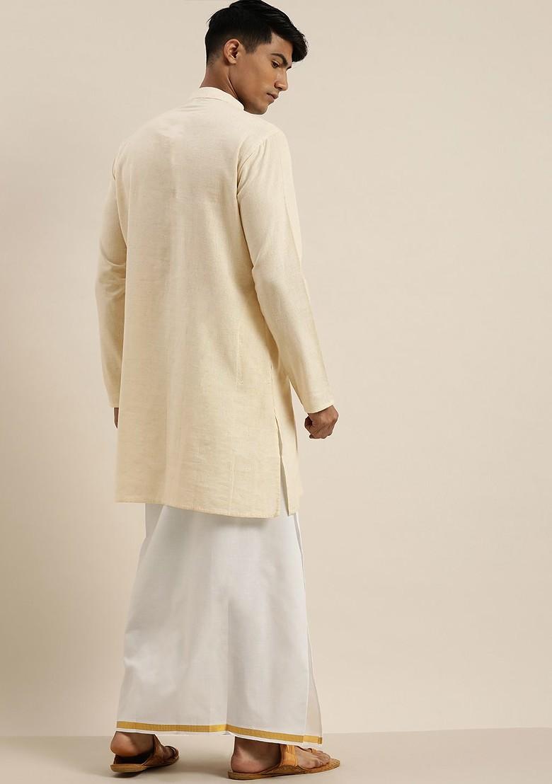 Cream Solid Cotton Kurta Set For Men