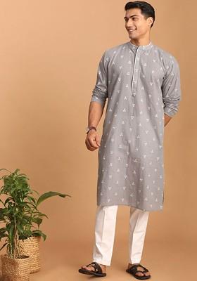 Grey Woven Cotton Kurta Set For Men
