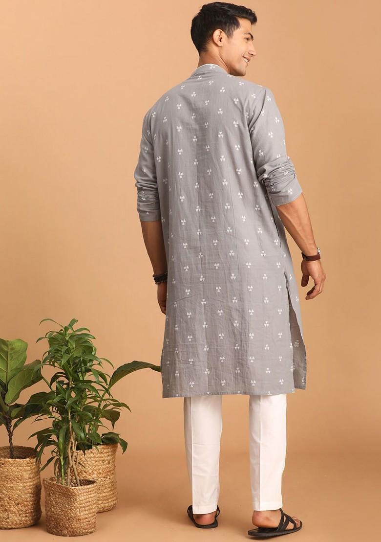 Grey Woven Cotton Kurta Set For Men