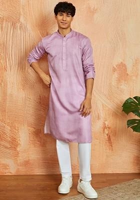 Pink Embroidered Poly Blend Kurta Set For Men