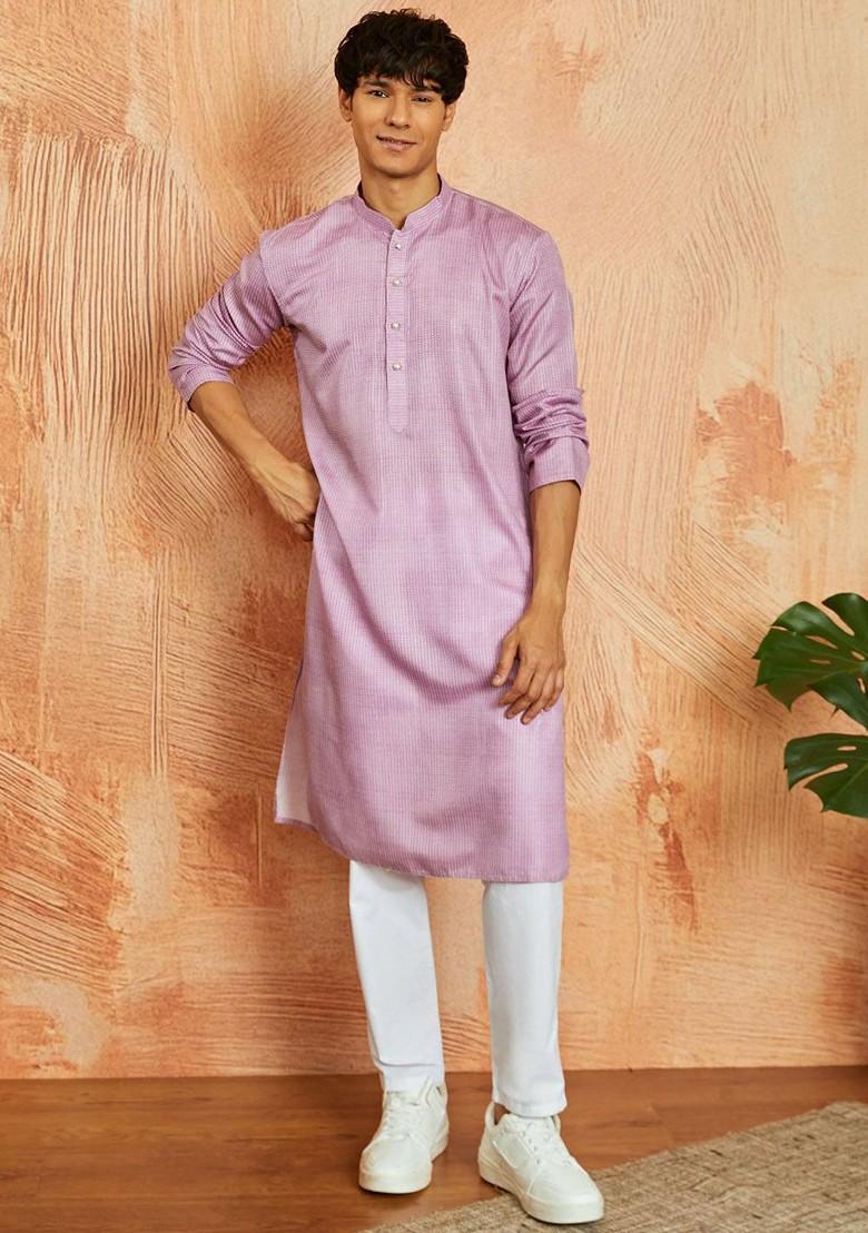 Pink Embroidered Poly Blend Kurta Set For Men