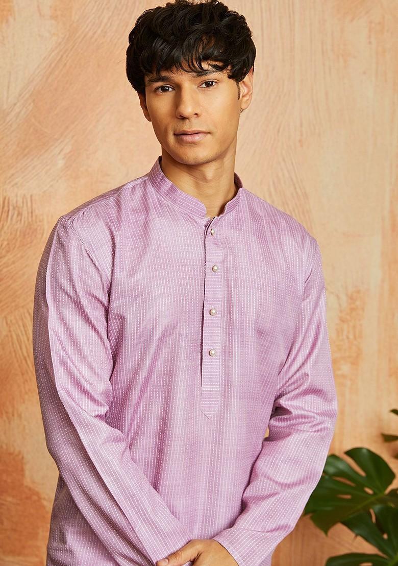 Pink Embroidered Poly Blend Kurta Set For Men