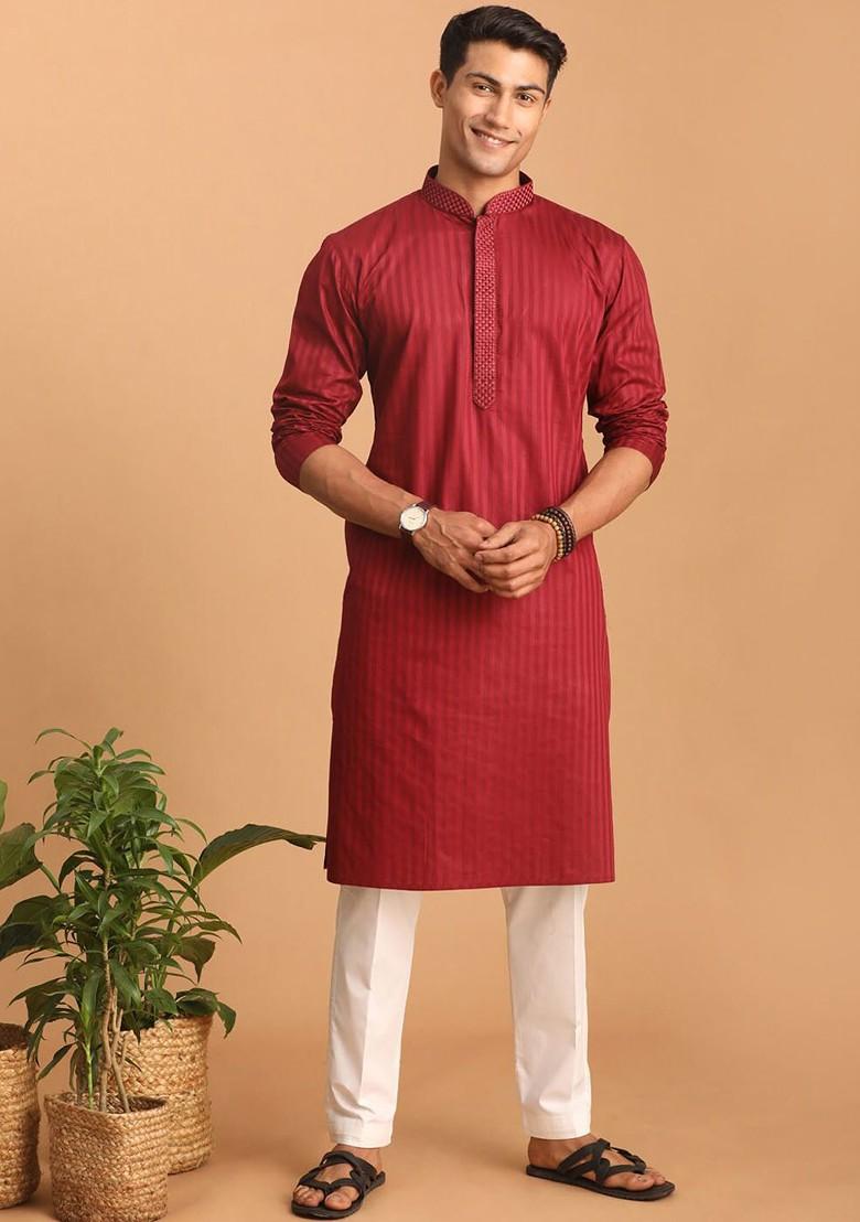 Maroon Striped Poly Blend Kurta Set For Men