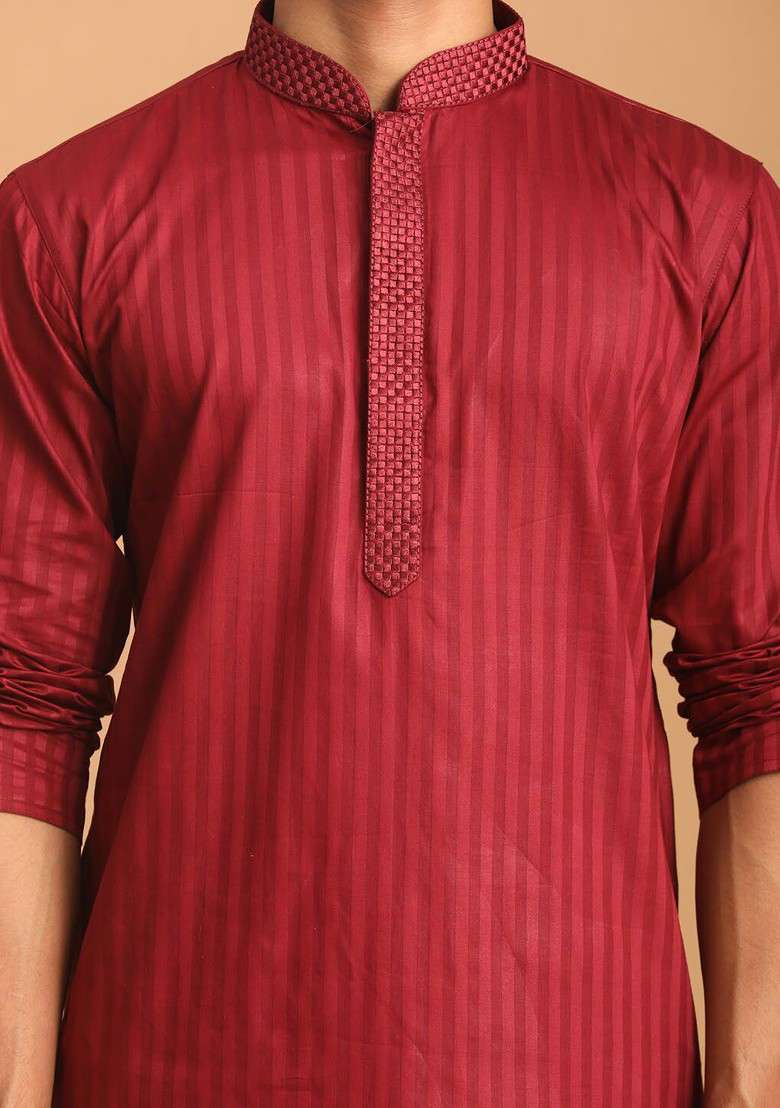 Maroon Striped Poly Blend Kurta Set For Men - Indya