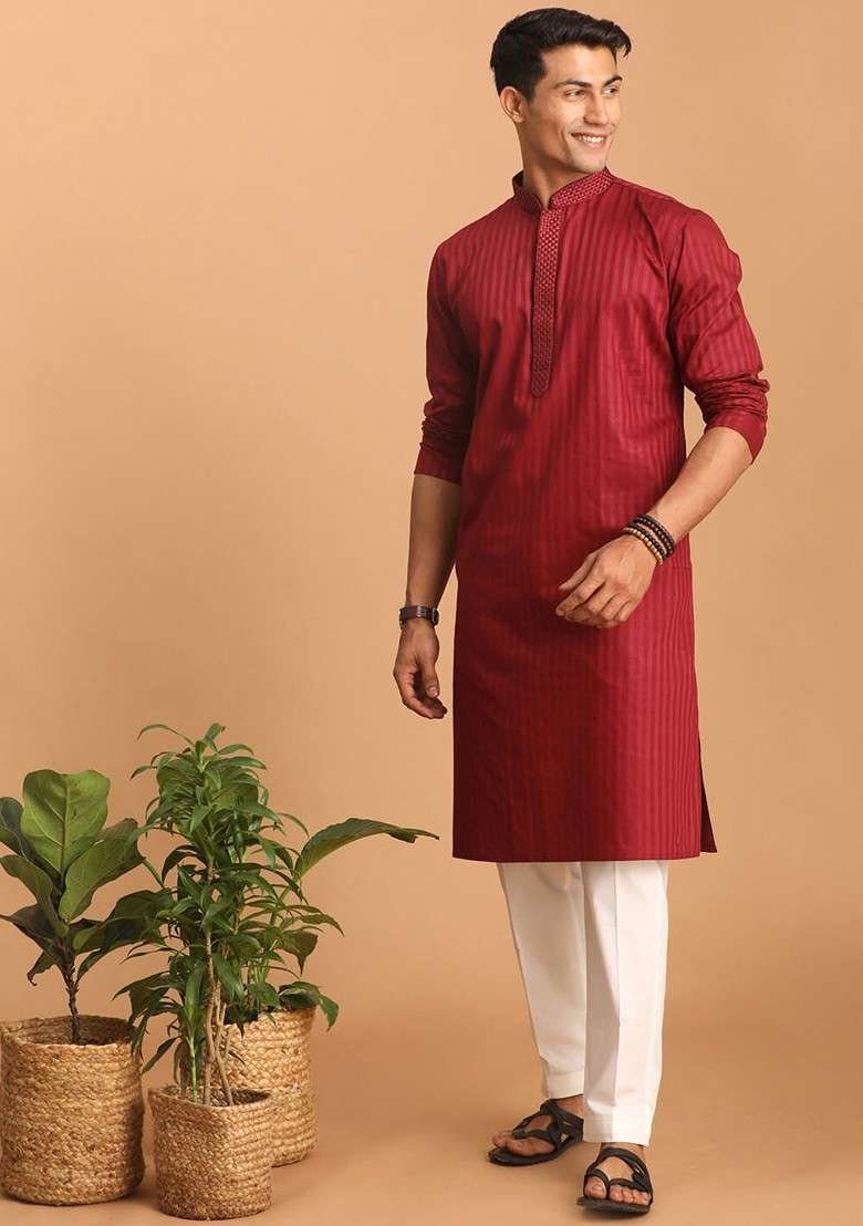 Maroon Striped Poly Blend Kurta Set For Men - Indya