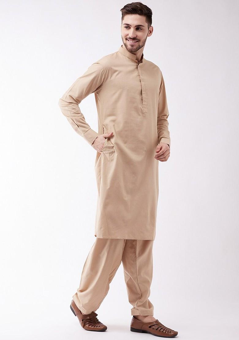 Camel Brown Solid Poly Blend Kurta Set For Men