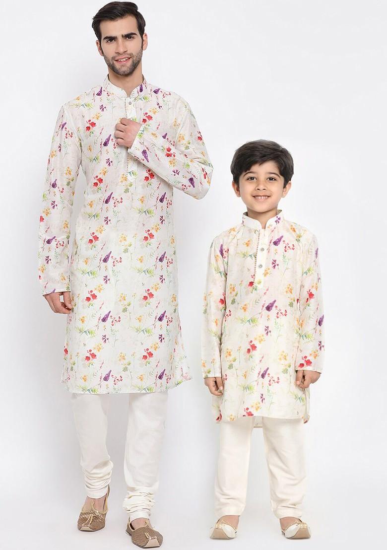 Cream Floral Print Poly Blend Kurta Set For Men