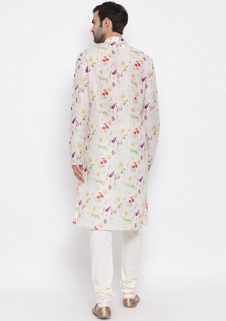 Cream Floral Print Poly Blend Kurta Set For Men