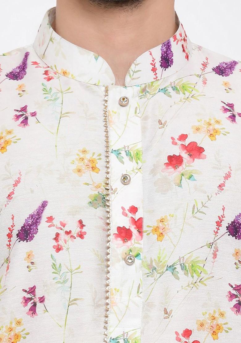 Cream Floral Print Poly Blend Kurta Set For Men