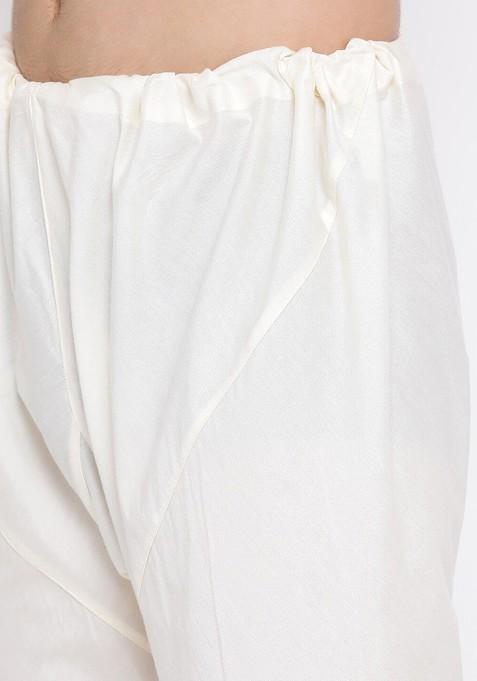 Cream Floral Print Poly Blend Kurta Set For Men