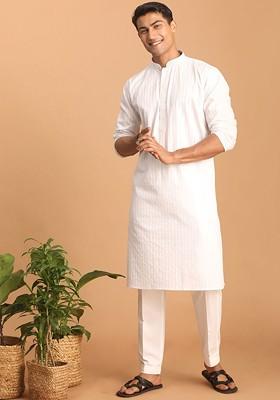 White Striped Poly Blend Kurta Set For Men