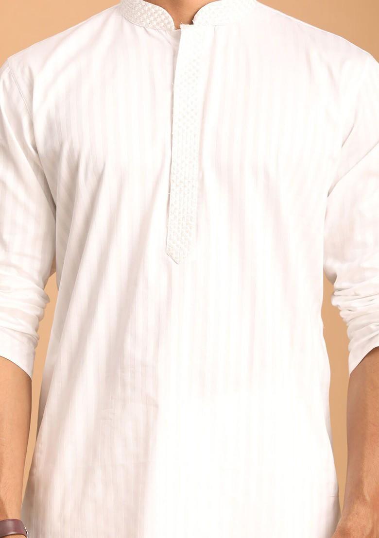 White Striped Poly Blend Kurta Set For Men