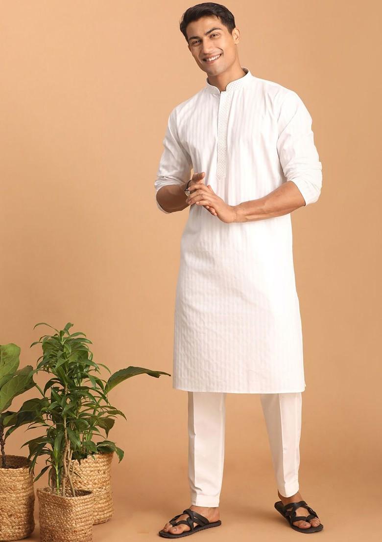 White Striped Poly Blend Kurta Set For Men