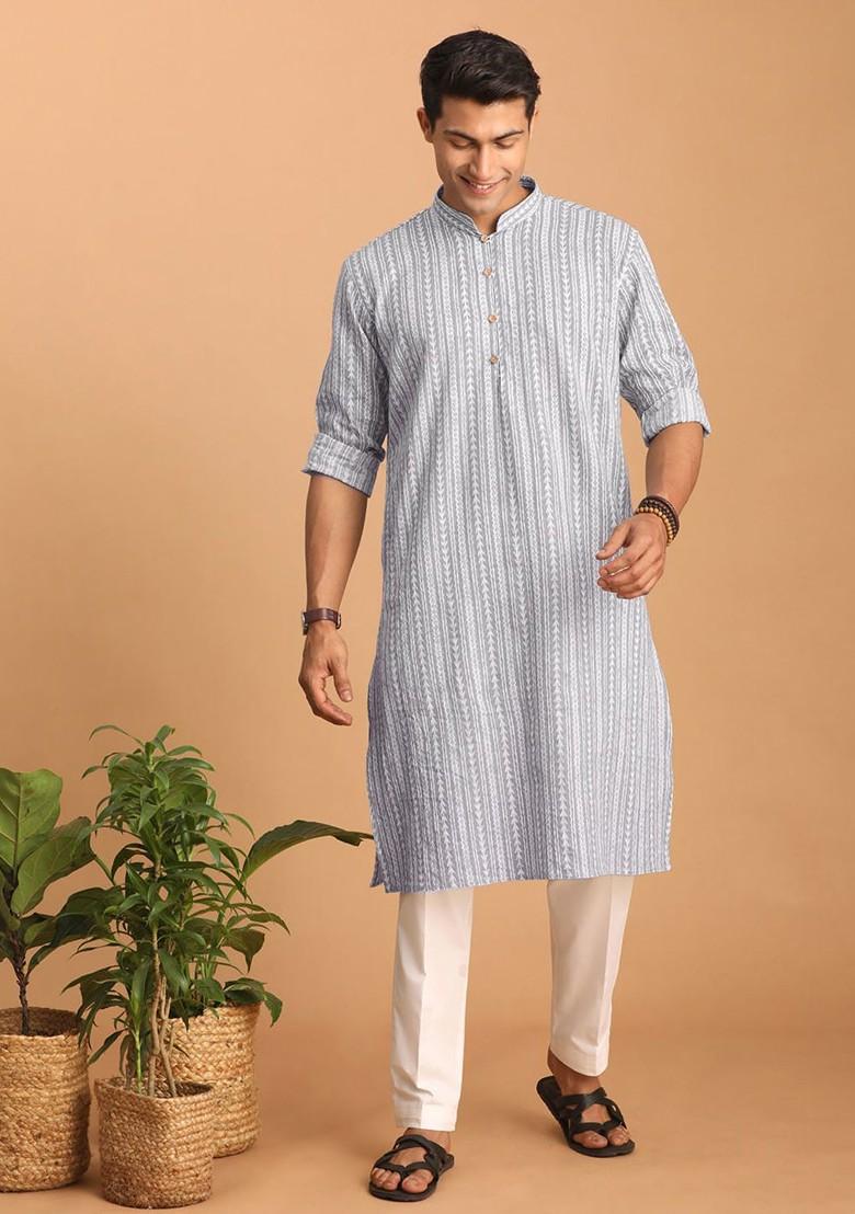 Grey Ethnic Motifs Cotton Kurta Set For Men