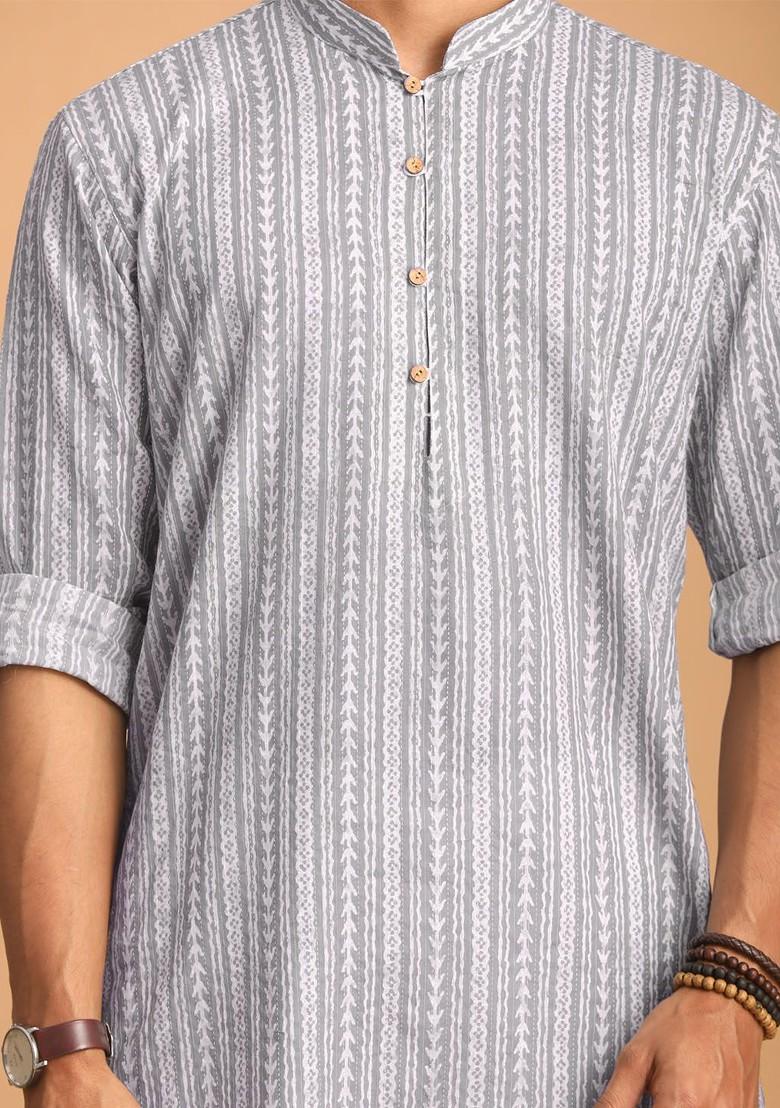 Grey Ethnic Motifs Cotton Kurta Set For Men