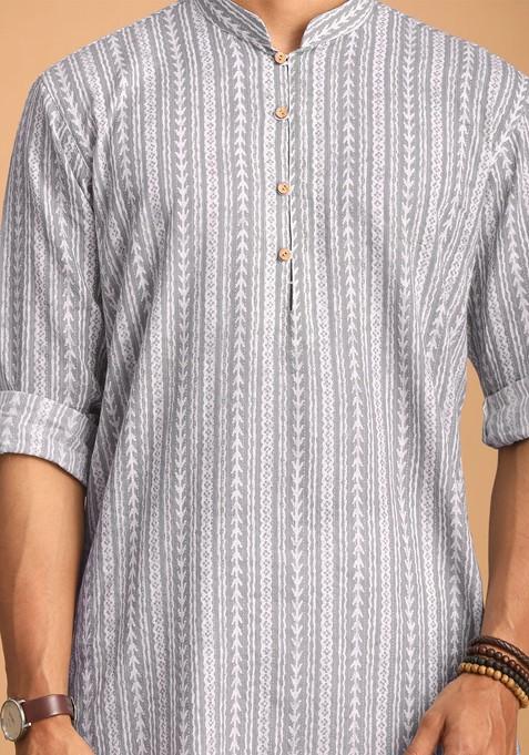 Grey Ethnic Motifs Cotton Kurta Set For Men