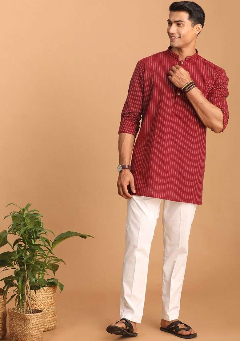 Maroon Striped Cotton Kurta Set For Men - Indya