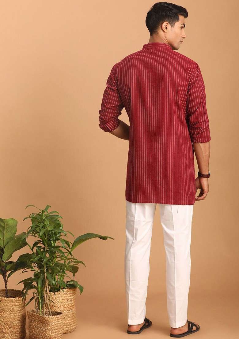 Maroon Striped Cotton Kurta Set For Men - Indya