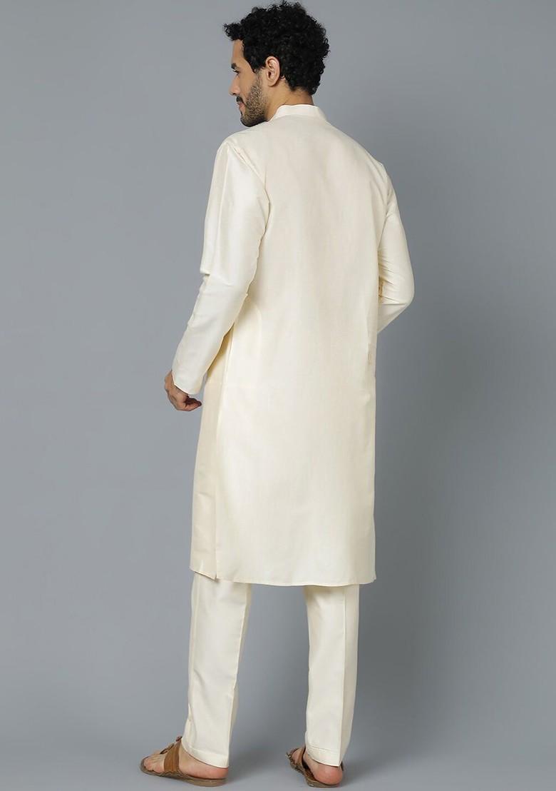Cream Solid Poly Blend Kurta Set For Men