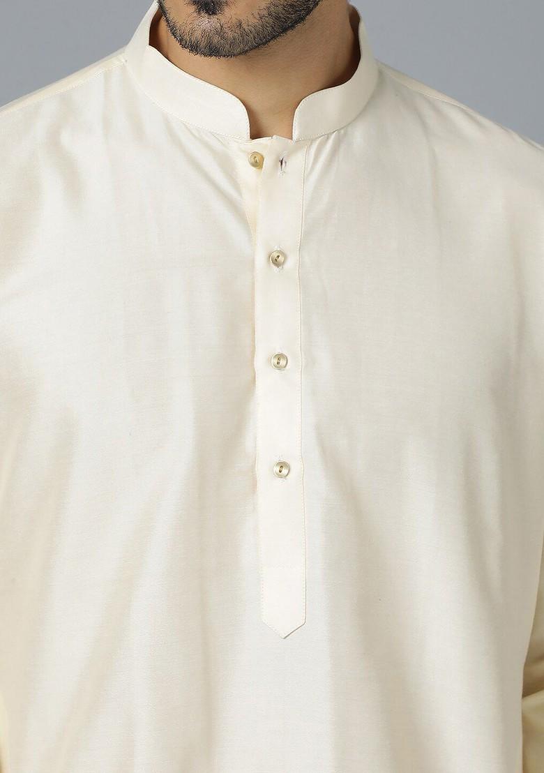 Cream Solid Poly Blend Kurta Set For Men