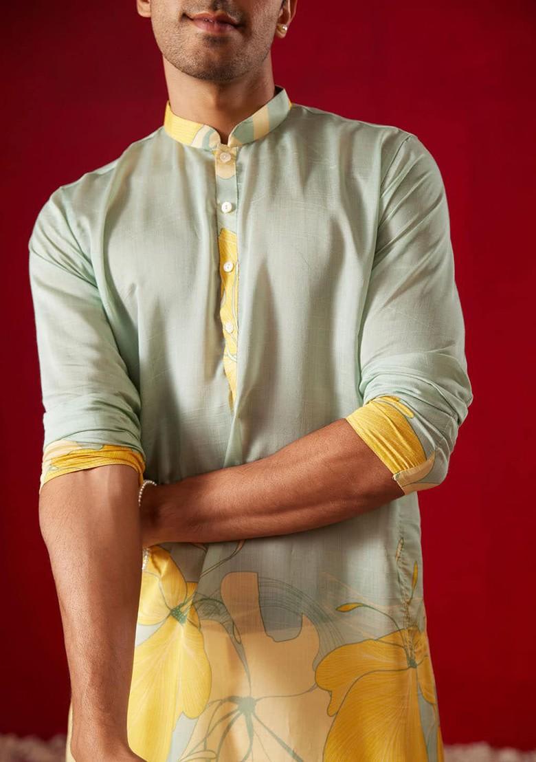 Green Floral Print Poly Blend Kurta Set For Men