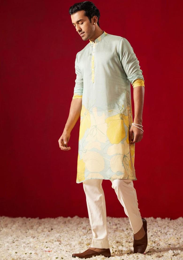 Green Floral Print Poly Blend Kurta Set For Men