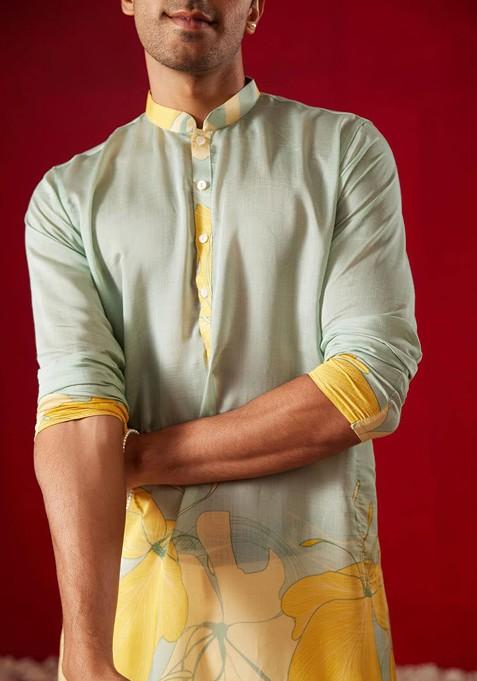 Green Floral Print Poly Blend Kurta Set For Men